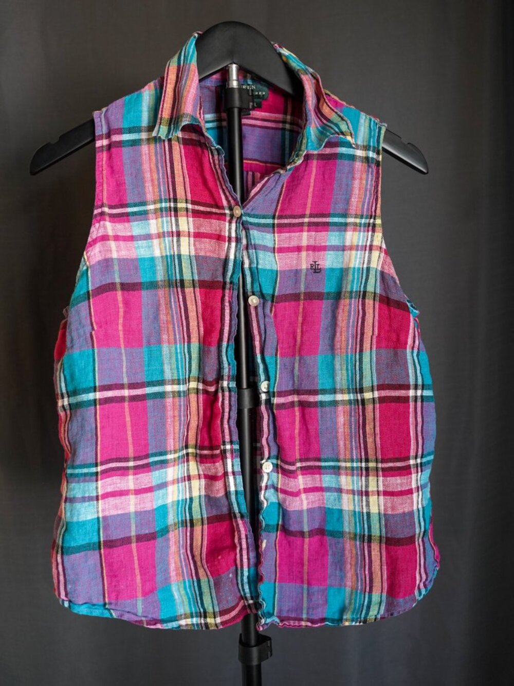 Lauren Ralph Lauren Plaid Linen Sleeveless Button Up Shirt Women's Large